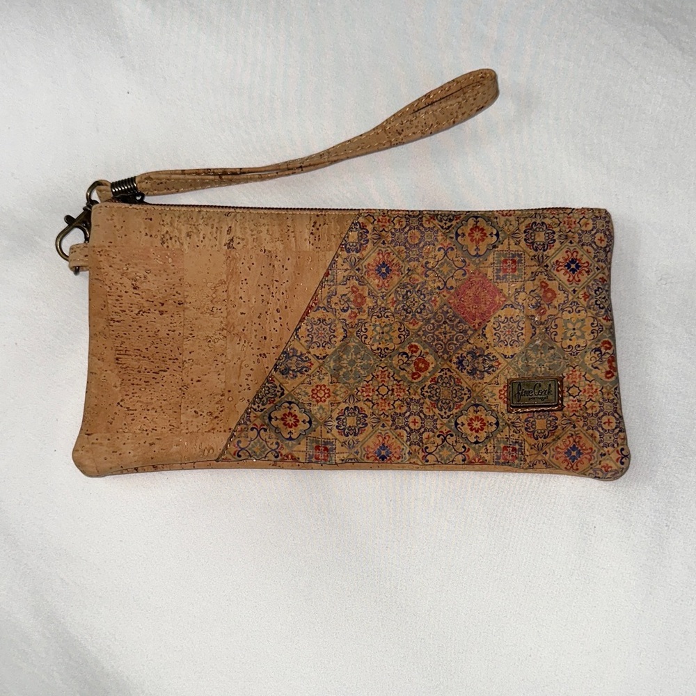 Cork Mosaic Wristlet Clutch in Tan with Multi-Color Pattern